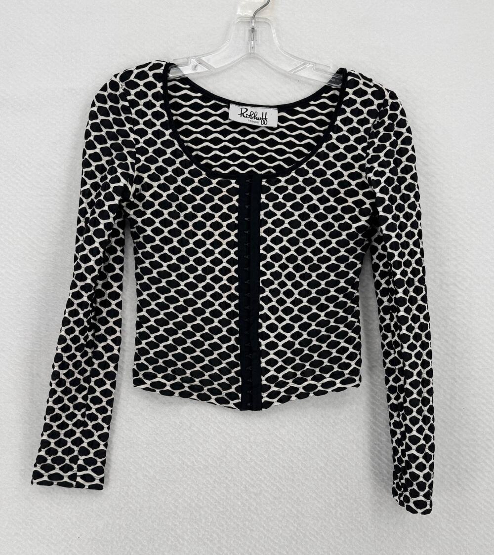 Ribkoff Womens Black White Textured Quilted Long Sleeve Eyelet Crop Top